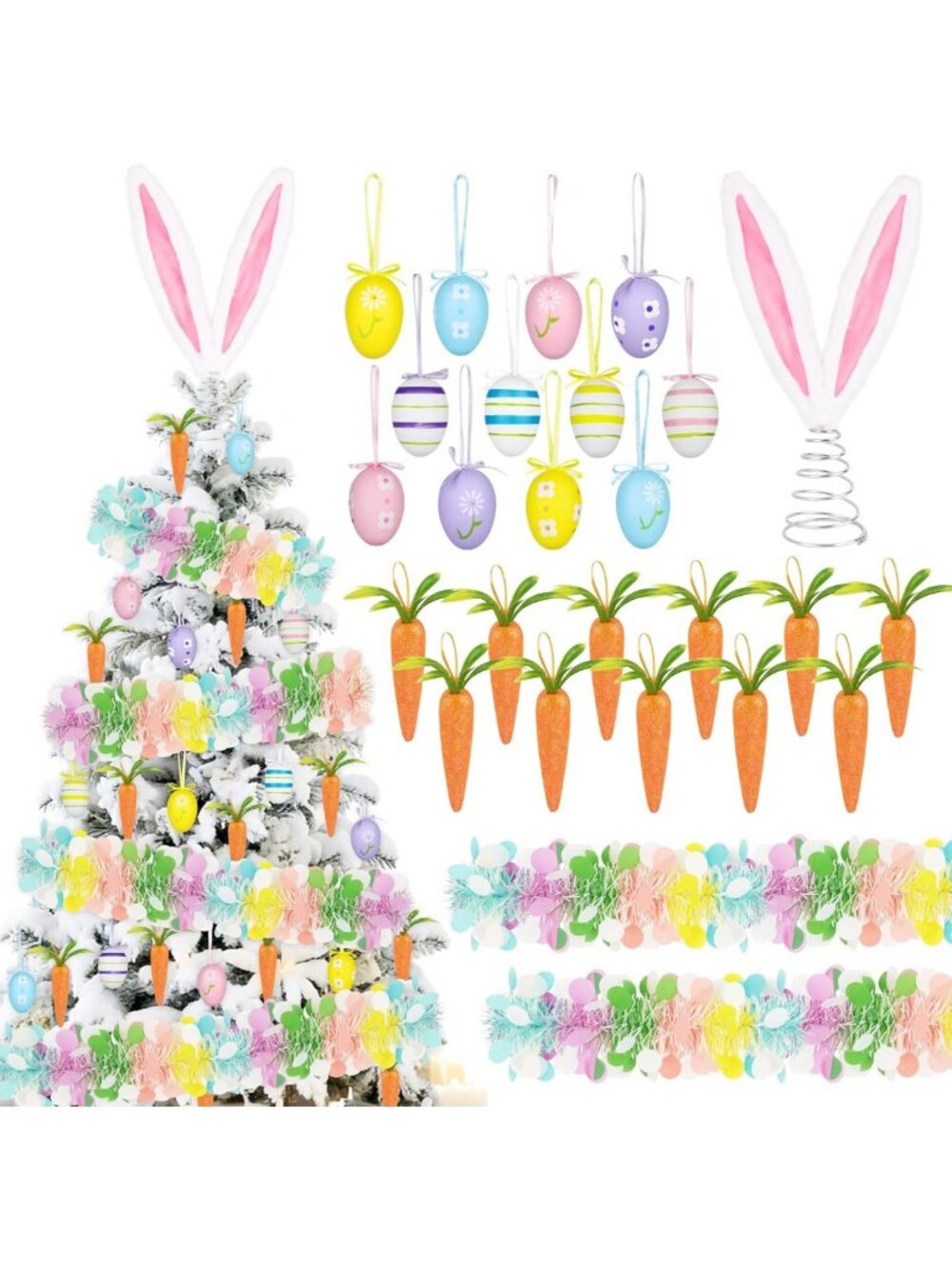 26-Piece Easter Tree Decor Set - Bunny Topper, Colorful Eggs & Garland